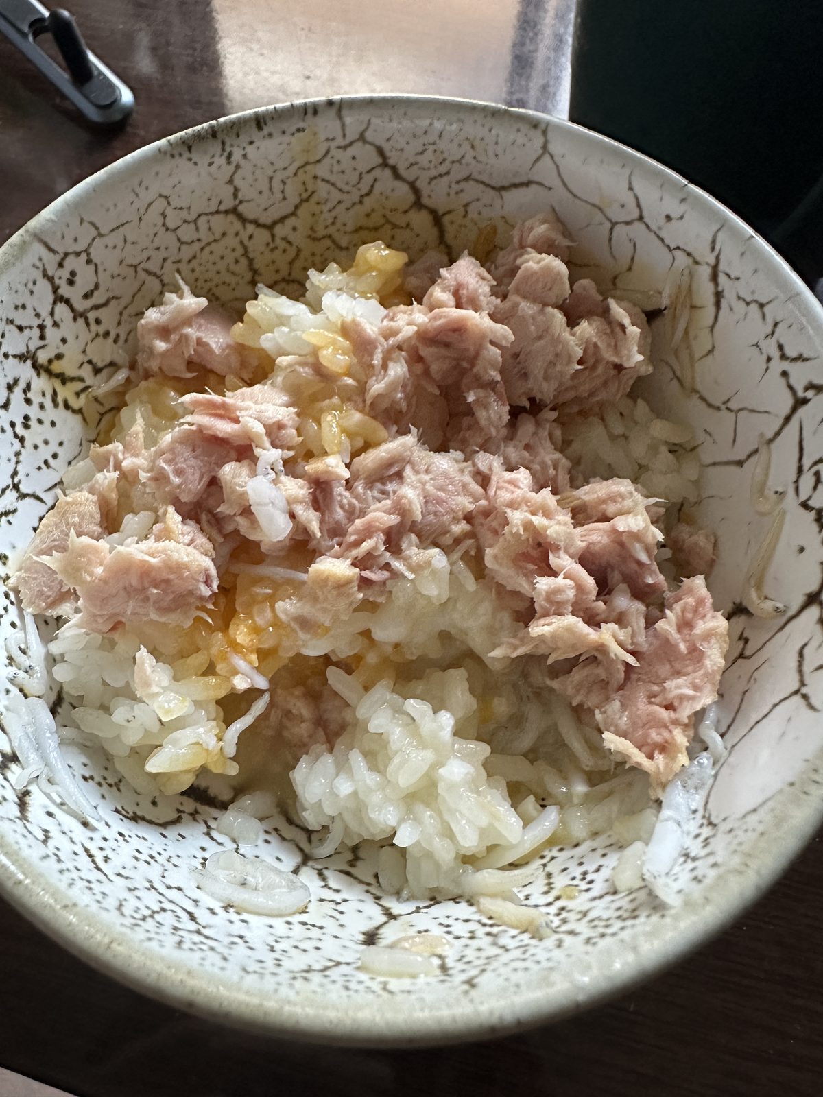 夕食（17:41頃）— 白米・温泉卵・釜揚げしらす・シーチキン水煮